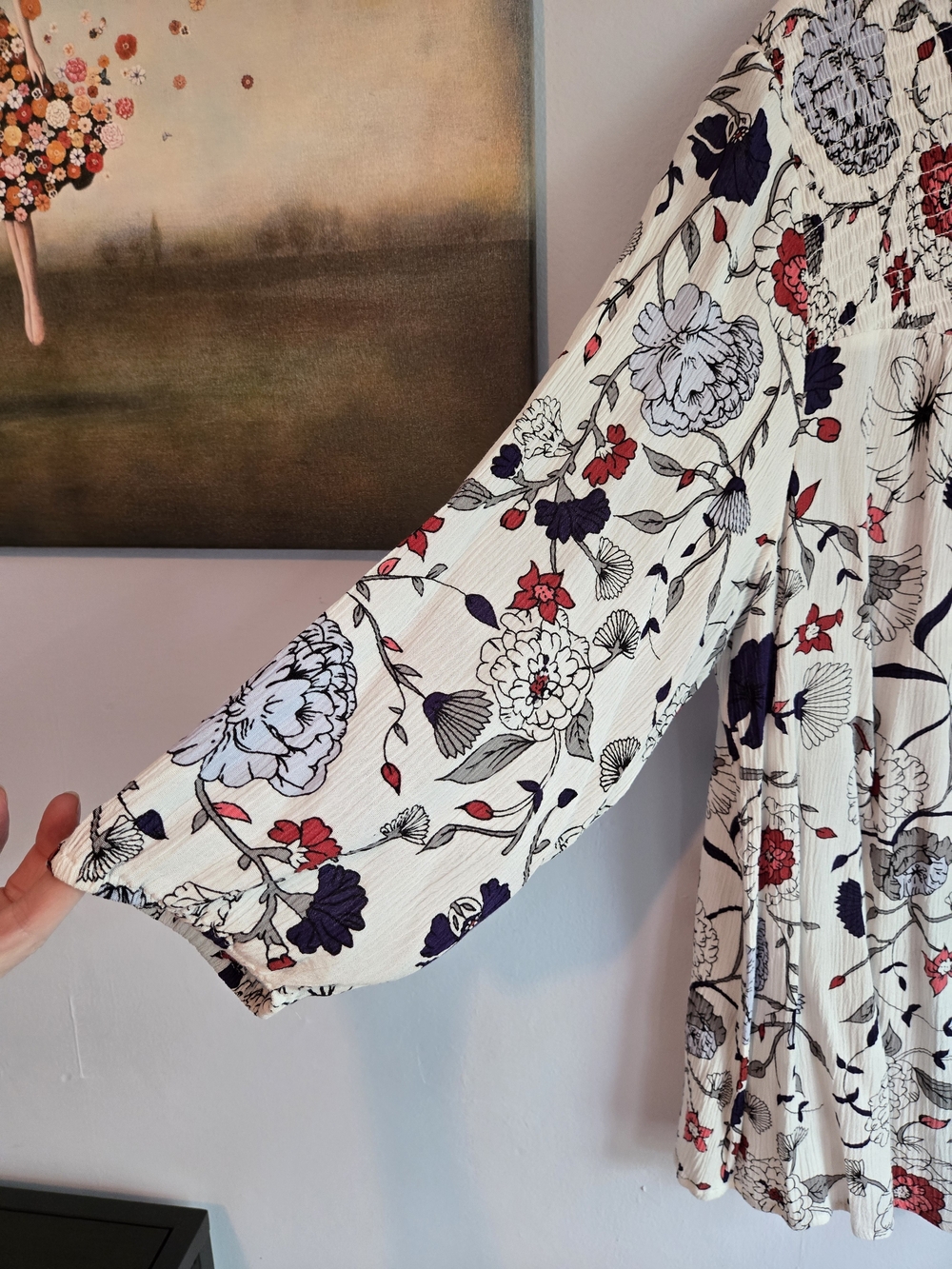 Market & Spruce Cream Floral Boho Peasant Blouse with Red & Navy Accents 2X - Picture 3 of 8